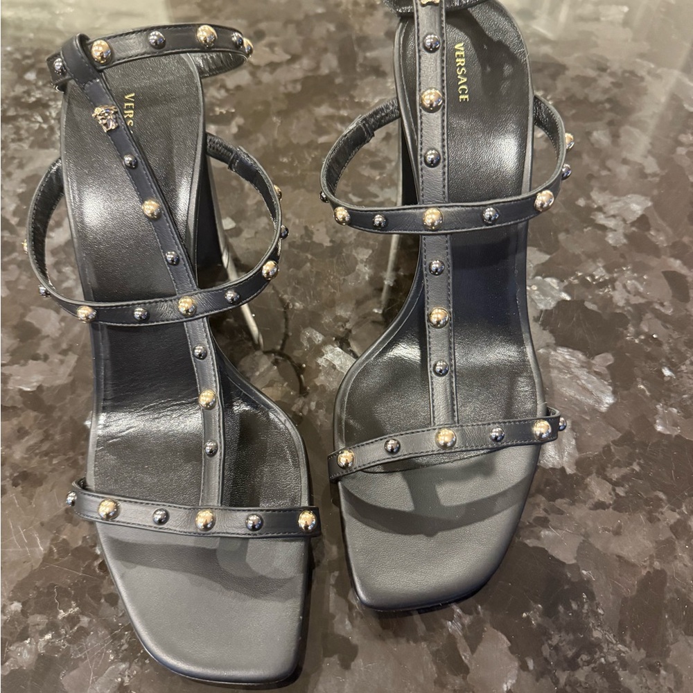 Versace Black Leather Studded Strappy Heels